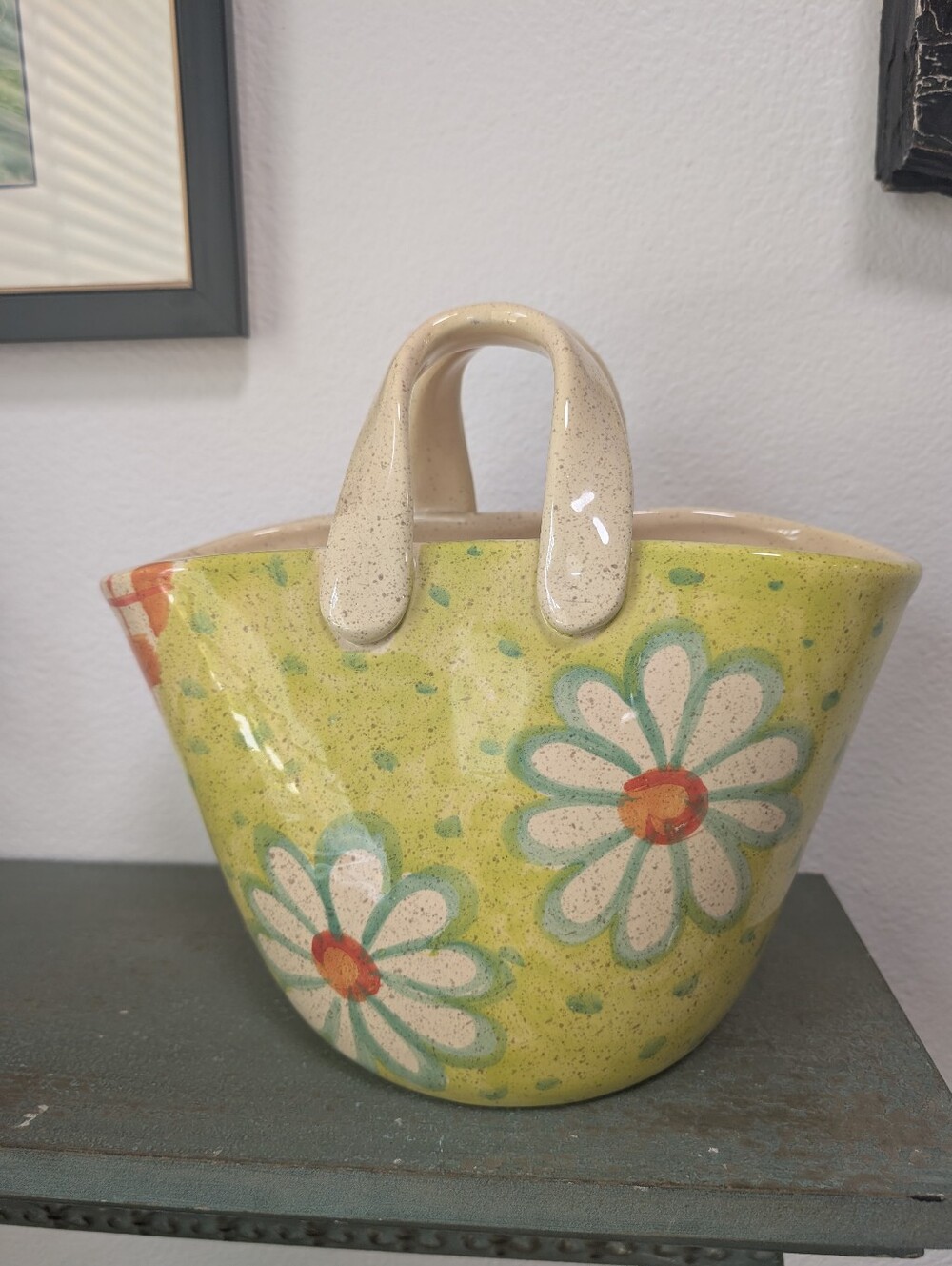 Bellini Piu Retro Floral Handcrafted Ceramic Purse Basket Vase Plaid Polka Dots